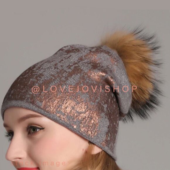 Cabincore | Rose Gold Painted Brushstroke Taupe Gray Winter Knit Hat Fur Pom Pom main image 4